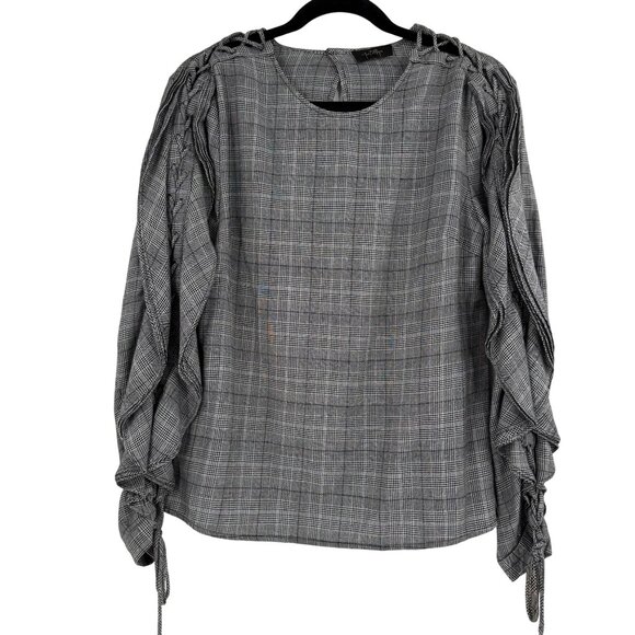 Petersyn Gray Checkered Long Sleeve Blouse With Ruffled Sleeves Size S - Picture 2 of 14